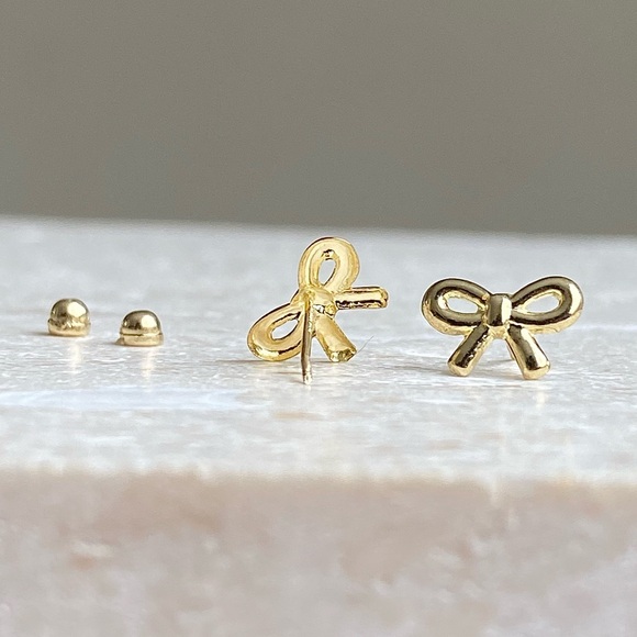 10k Solid Gold Bow Earrings,Second hole Studs, Piercing Studs Earrings for kids - Picture 8 of 15